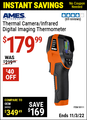 Buy the AMES INSTRUMENTS Professional Compact Infrared Thermal Camera (Item 58111) for $179.99, valid through 11/3/2022.