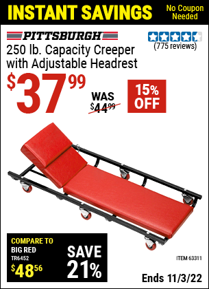 Buy the PITTSBURGH AUTOMOTIVE 250 Lbs. Capacity Heavy Duty Creeper With Adjustable Headrest (Item 63311) for $37.99, valid through 11/3/2022.