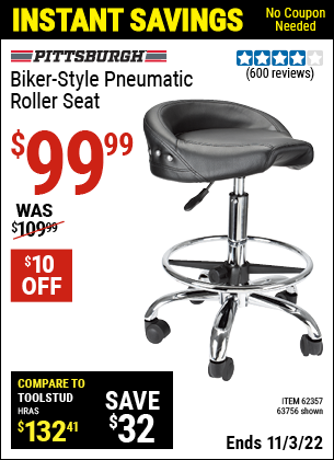 Buy the PITTSBURGH AUTOMOTIVE Biker-Style Pneumatic Roller Seat (Item 63756/62357) for $99.99, valid through 11/3/2022.