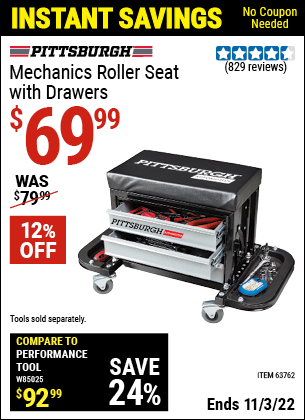 Buy the PITTSBURGH AUTOMOTIVE Mechanic's Roller Seat with Drawers (Item 63762) for $69.99, valid through 11/3/2022.