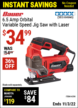 Buy the BAUER 6.5 Amp Heavy Duty Tool-Free Variable Speed Orbital Jig Saw With Laser (Item 64290) for $34.99, valid through 11/3/2022.