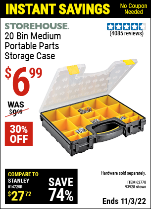 Buy the STOREHOUSE 20 Bin Medium Portable Parts Storage Case (Item 93928/62778) for $6.99, valid through 11/3/2022.