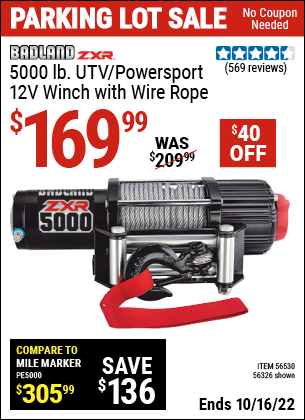 Buy the BADLAND 5000 Lb. UTV/Powersport 12V Winch (Item 56326/56530) for $169.99, valid through 10/16/2022.