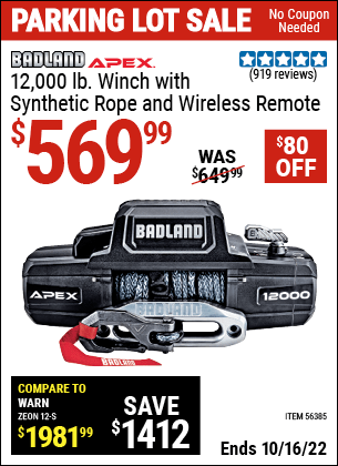 Buy the BADLAND APEX Synthetic 12000 Lb. Wireless Winch (Item 56385) for $569.99, valid through 10/16/2022.