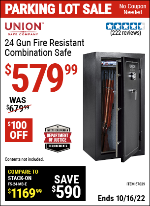 Buy the UNION SAFE COMPANY 24 Gun Fire Resistant Combination Safe (Item 57039) for $579.99, valid through 10/16/2022.