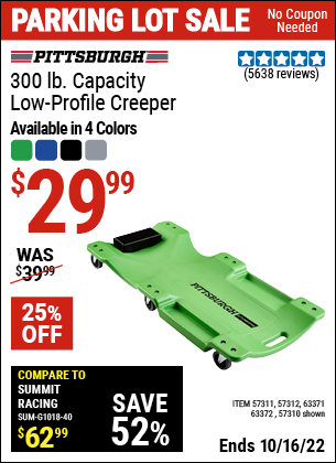 Buy the PITTSBURGH AUTOMOTIVE 40 In. 300 Lb. Capacity Low-Profile Creeper, Green (Item 57310/57311/57312/63371/63372/63424/64169) for $29.99, valid through 10/16/2022.