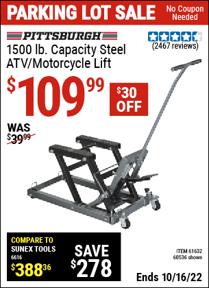 Buy the PITTSBURGH AUTOMOTIVE 1500 lb. Capacity ATV/Motorcycle Lift (Item 60536/61632) for $109.99, valid through 10/16/2022.