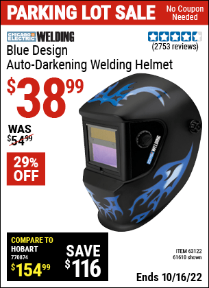 Buy the CHICAGO ELECTRIC Blue Design Auto Darkening Welding Helmet (Item 61610/63122) for $38.99, valid through 10/16/2022.