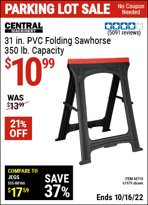 Buy the CENTRAL MACHINERY Foldable Sawhorse (Item 61979/60710) for $10.99, valid through 10/16/2022.