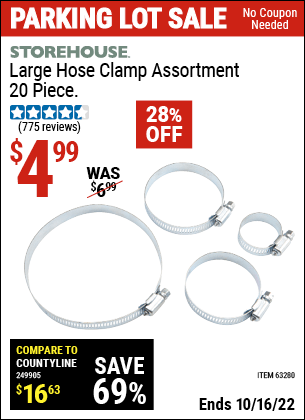 Buy the STOREHOUSE Large Hose Clamp Assortment 20 Pc. (Item 63280) for $4.99, valid through 10/16/2022.