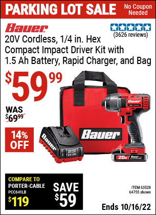 Buy the BAUER 20V Hypermax Lithium 1/4 In. Hex Compact Impact Driver Kit (Item 63528/63528) for $59.99, valid through 10/16/2022.