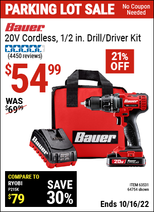 Buy the BAUER 20V Hypermax Lithium 1/2 In. Drill/Driver Kit (Item 63531/63531) for $54.99, valid through 10/16/2022.