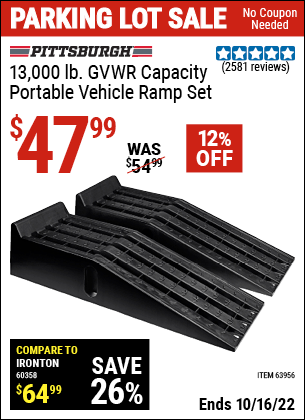 Buy the PITTSBURGH AUTOMOTIVE 13000 Lb. Portable Vehicle Ramp Set (Item 63956) for $47.99, valid through 10/16/2022.