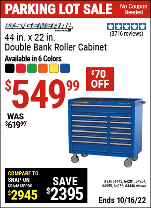 Buy the U.S. GENERAL SERIES 2 44 In. X 22 In. Double Bank Roller Cabinet (Item 64133/64133/64134/64443/64446/64954/64955/64956) for $549.99, valid through 10/16/2022.