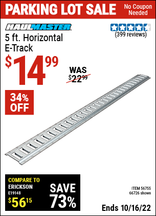 Buy the HAUL-MASTER 5 ft. Horizontal E-Track (Item 66726/56755) for $14.99, valid through 10/16/2022.