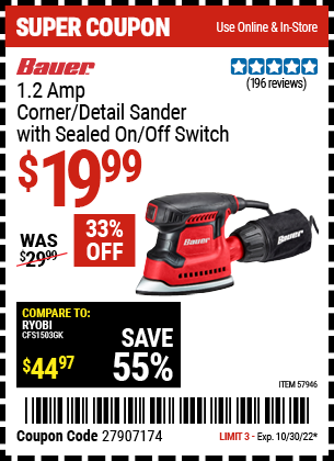 Buy the BAUER 1.2 Amp Detail Corner Sander (Item 57946) for $19.99, valid through 10/30/2022.