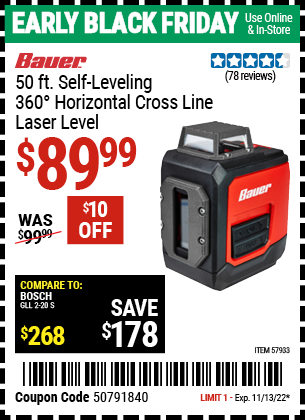 Buy the BAUER 50 ft. Self-Leveling 360 Horizontal Cross Line Laser Level (Item 57933) for $89.99, valid through 11/13/2022.