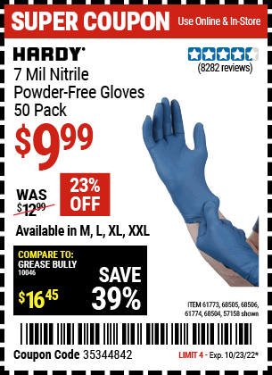 Buy the HARDY 7 Mil Nitrile Powder-Free Gloves, 50 Pc. XX-Large (Item 57158/68504/68505/61773/68506/61774) for $9.99, valid through 10/23/2022.