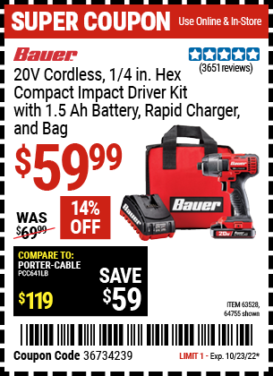 Buy the BAUER 20V Hypermax Lithium 1/4 In. Hex Compact Impact Driver Kit (Item 63528/63528) for $59.99, valid through 10/23/2022.