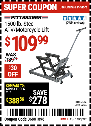 Buy the PITTSBURGH AUTOMOTIVE 1500 lb. Capacity ATV/Motorcycle Lift (Item 60536/61632) for $109.99, valid through 10/23/2022.