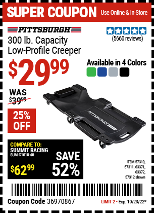 Buy the PITTSBURGH AUTOMOTIVE 40 In. 300 Lb. Capacity Low-Profile Creeper, Green (Item 57310/57311/57312/63371/63372/63424/64169) for $29.99, valid through 10/23/2022.