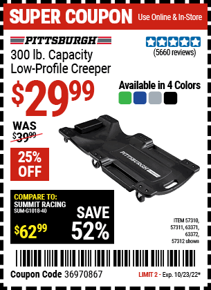 Buy the PITTSBURGH AUTOMOTIVE 40 In. 300 Lb. Capacity Low-Profile Creeper, Green (Item 57310/57311/57312/63371/63372/63424/64169) for $29.99, valid through 10/23/2022.