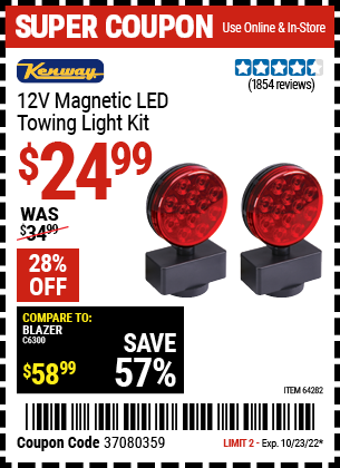 Buy the KENWAY 12V Magnetic LED Towing Light Kit (Item 64282) for $24.99, valid through 10/23/2022.