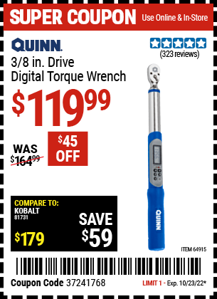 Buy the QUINN 3/8 in. Drive Digital Torque Wrench (Item 64915) for $119.99, valid through 10/23/2022.