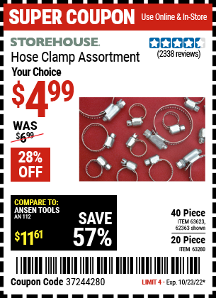 Buy the STOREHOUSE Large Hose Clamp Assortment 20 Pc. (Item 63280) for $4.99, valid through 10/23/2022.