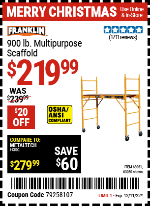 Buy the FRANKLIN Heavy Duty Portable Scaffold (Item 63050/63051) for $219.99, valid through 12/11/2022.