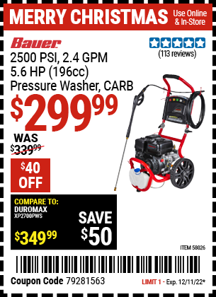 Buy the PREDATOR 2500 PSI (Item 58026) for $299.99, valid through 12/11/2022.