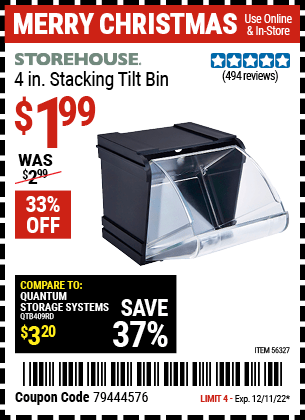 Buy the STOREHOUSE 4 in. Stacking Tilt Bin (Item 56327) for $1.99, valid through 12/11/2022.