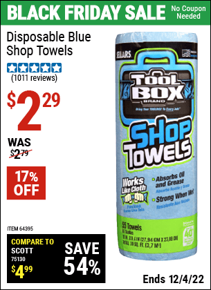 Buy the TOOLBOX Disposable Blue Shop Towels (Item 64395) for $2.29, valid through 12/4/2022.