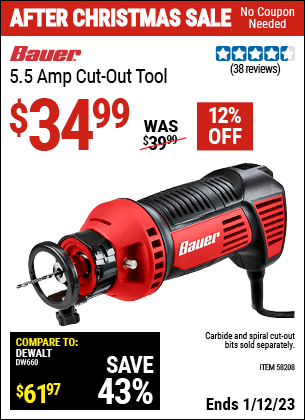 Buy the BAUER 5.5 Amp Cut-out Tool (Item 58208) for $34.99, valid through 1/12/2023.