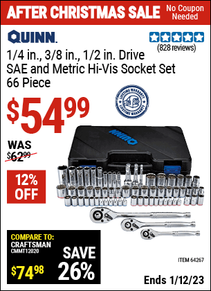 Buy the QUINN 66 Pc 1/4 in. 3/8 in. 1/2 in. Drive SAE & Metric Hi-Vis Socket Set (Item 64267) for $54.99, valid through 1/12/2023.