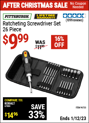 Buy the PITTSBURGH Ratcheting Screwdriver Set 26 Pc. (Item 96733) for $9.99, valid through 1/12/2023.