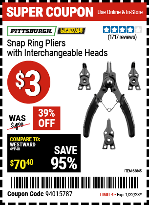 Buy the PITTSBURGH Snap Ring Pliers with Interchangeable Heads (Item 63845) for $3, valid through 1/22/2023.