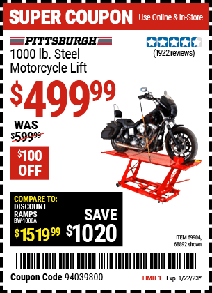 Buy the PITTSBURGH 1000 lb. Steel Motorcycle Lift (Item 68892/69904) for $499.99, valid through 1/22/2023.