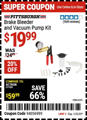 Buy the PITTSBURGH AUTOMOTIVE Brake Bleeder and Vacuum Pump Kit (Item 63391) for $19.99, valid through 1/22/2023.