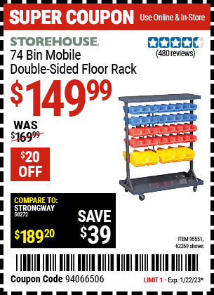 Buy the STOREHOUSE 74 Bin Mobile Double-Sided Floor Rack (Item 62269/95551) for $149.99, valid through 1/22/2023.