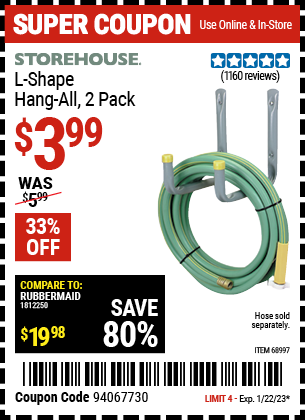 Buy the STOREHOUSE L-Shape Hang-All 2 Pk. (Item 68997) for $3.99, valid through 1/22/2023.