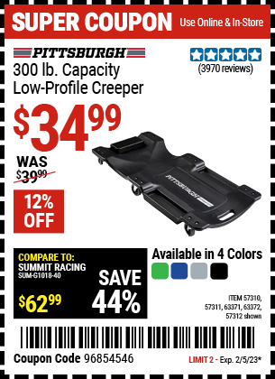 Buy the PITTSBURGH AUTOMOTIVE 40 In. 300 Lb. Capacity Low-Profile Creeper, Green (Item 57310/57311/57312/63371/63372/63424/64169) for $34.99, valid through 2/5/2023.