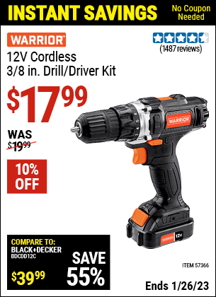 Buy the WARRIOR 12v Lithium-Ion 3/8 In. Cordless Drill/Driver (Item 57366) for $17.99, valid through 1/26/2023.