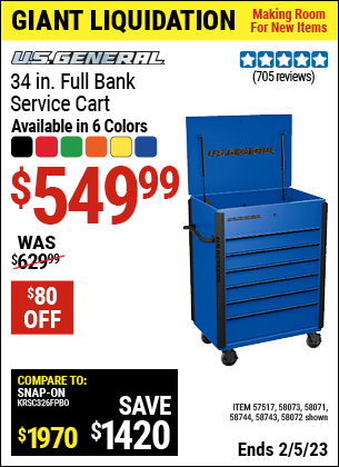 Buy the U.S. GENERAL 34 in. Full Bank Service Cart (Item 57517/58071/58072/58073/58743/58744) for $549.99, valid through 2/5/2023.