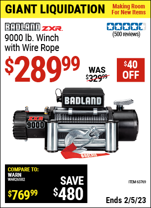 Buy the BADLAND ZXR 9000 lb. Truck/SUV Winch (Item 63769) for $289.99, valid through 2/5/2023.