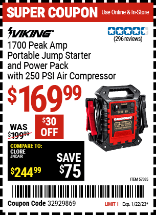 Buy the VIKING 1700 Peak Amp Portable Jump Starter And Power Pack With 250 PSI Air Compressor (Item 57085) for $169.99, valid through 1/22/2023.