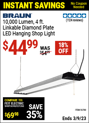 Buy the BRAUN 10,000 Lumen 4 Ft. Linkable Diamond Plate LED Hanging Shop Light (Item 56780) for $44.99, valid through 3/9/2023.