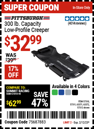 Buy the PITTSBURGH AUTOMOTIVE 40 In. 300 Lb. Capacity Low-Profile Creeper, Green (Item 57310/57311/57312/63371/63372/63424/64169) for $32.99, valid through 2/12/2023.