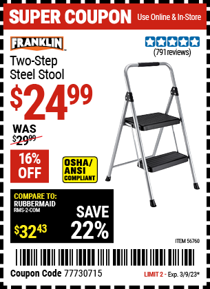 Buy the FRANKLIN Two-Step Steel Stool (Item 56760) for $24.99, valid through 3/9/2023.