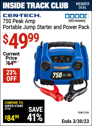 Inside Track Club members can buy the CEN-TECH 750 Peak Amp Jump Starter And 12v Power Pack USB LED Work Light (Item 57209) for $49.99, valid through 3/30/2023.